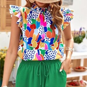 SHEIN Pink and Yellow Ruffled Sleeveless Blouse